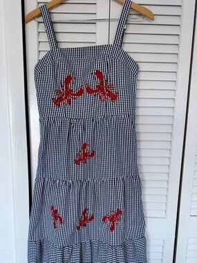 NWT Coastal Navy Gingham Lobster Embroidered Midi Sundress Smocked Back XS
